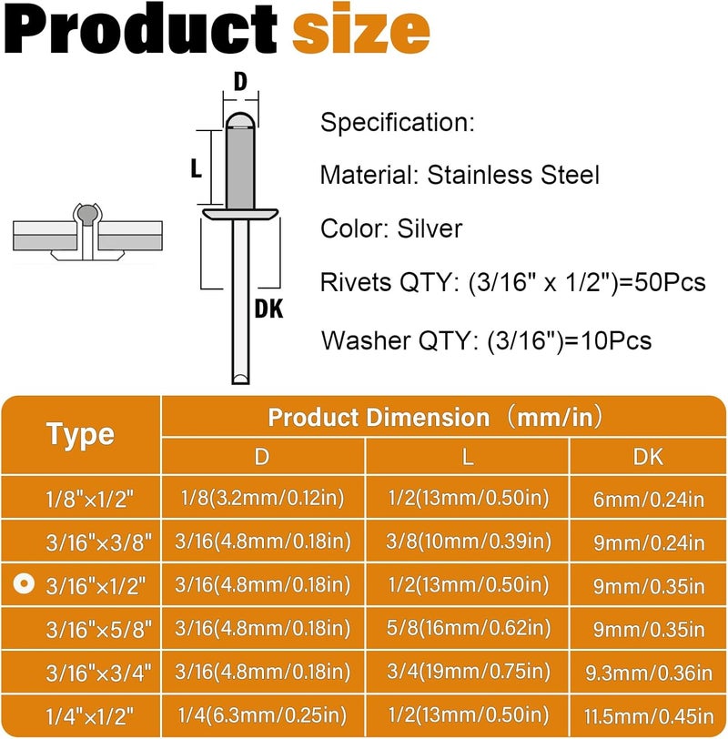 JTAREA 60pcs 3/16" x 1/2" Stainless Steel Pop Rivets with Stainless Steel Washers 4.8 x 12.7mm Blind Rivet Assortment Kit - Image 2